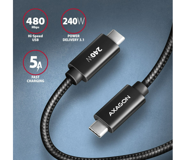 AXAGON BUCM2-CM25AB Kabel USB-C - USB-C, 2.5m 5A charging, ALU, 240W PD, oplot, USB2.0, czarny - 1485419 - zdjęcie 2